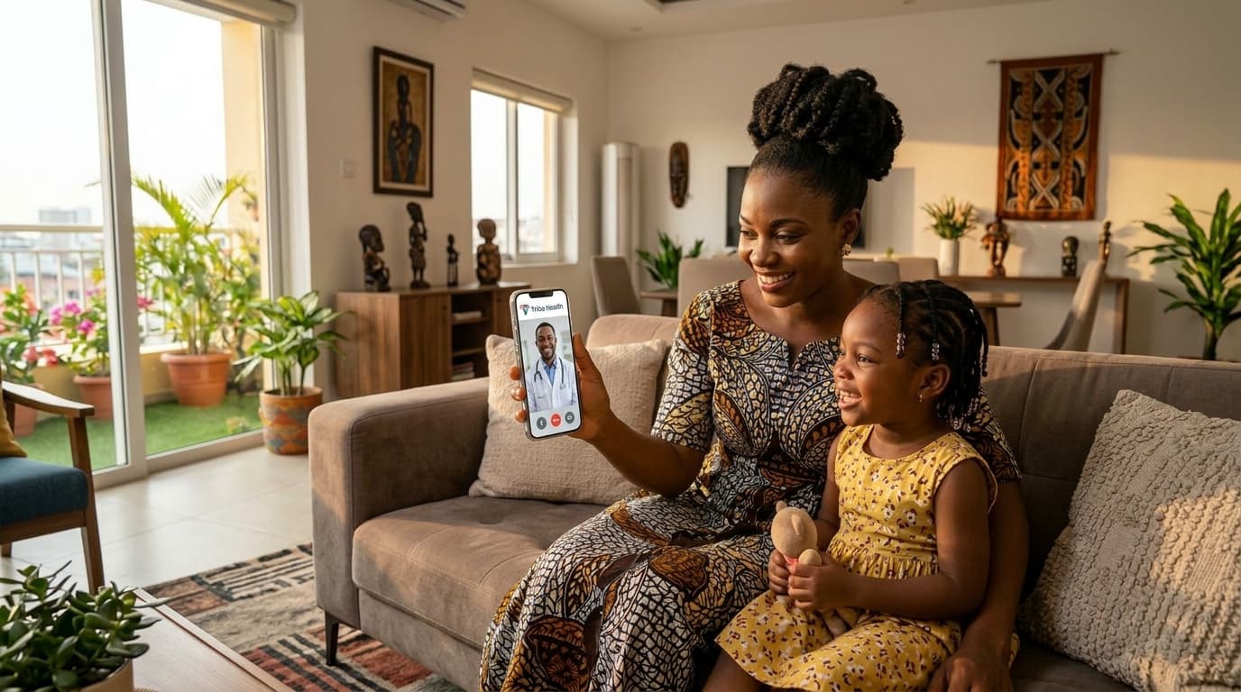 Nigerian mother and child having a video consultation with a Trika Health doctor